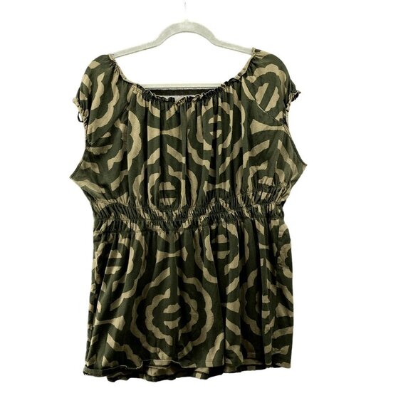 Michael Kors Off Shoulder Top Womens L Short Sleeve Babydoll Army Green Camo - Picture 2 of 8